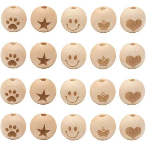 100pcs 20mm Natural Color Laser Engraving Wooden Beads Smiley Face Crown Star Footprint for DIY Bracelet Jewelry Necklace Making