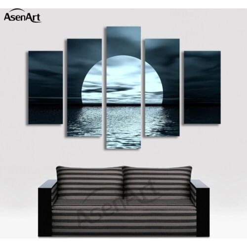 5 Panel Moon Picture Night Sea Landscape Painting for Living Room Modern Home Decor Wall Art Canvas Prints No Frame