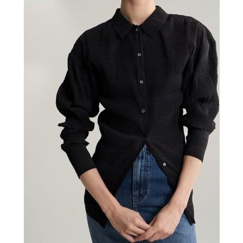 Totem* MY women jointly-designed polyester solid colors casual pleated folds lantern sleeve blouse shirt