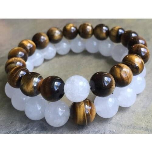 8mm 2pcs White Jade Tiger Eye Gemstone Mala Bracelet cuff Wrist Unisex Sutra pray Reiki Lucky Chakas yoga Tibet silver Bead