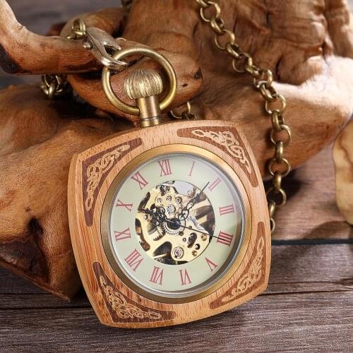 Retro Wooden Pocket Mechanical Watch Men & Women Hand Wind Chain Necklace Red Rose Black Wood Watches for Men and Women Unisex