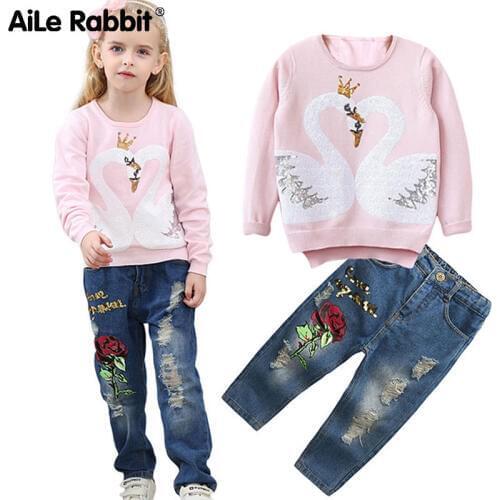 AiLe Rabbit New Girls Clothes Suit Shirt Pants Sequins Swan Pattern Hole Roses Jeans Fashion Exclusive Childrens Tops k1