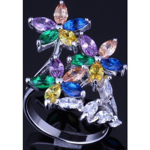 Fantastic Plant Multigem Multicolor Yellow Cubic Zirconia Silver Plated Ring V0097