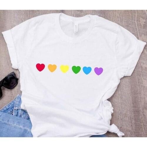 Harajuku Lesbian Supporters Short Sleeve T Shirt Women LGBT Tees Heart Shape Rainbow Color Printed Tops Goth