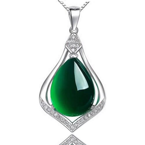 FYJS Unique Silver Plated Water Drop Green Agates Pendant Link Chain Necklace with Rhinestone Trendy Jewelry