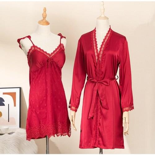 White Women 2PCS Rayon Robe Gown Sets Sexy V-Neck Nightdress 2021 Spring Lingerie Sleepwear Kimono Bathrobe Casual Home Clothes