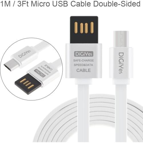 DiGiYes 1M/3Ft Micro USB Cable 2-Sided Reversible USB 2.0 A Flat Tangle-Free Sync/Charge Cord for Devices with Micro Interface