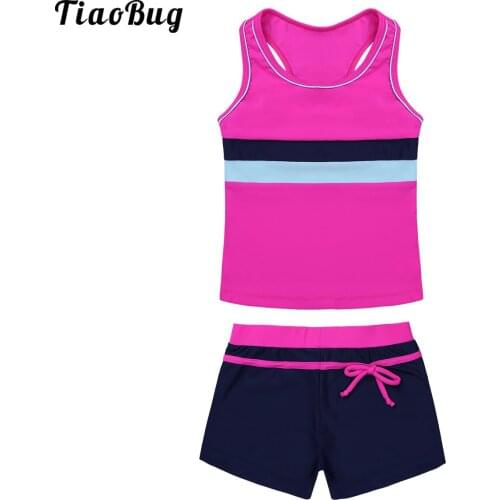 TiaoBug Summer Girls Kids 2Pcs Swimwear Tankini Swimsuit Tops With Bottoms Printed Stripe Sleeveless Round Neck Beach Sets