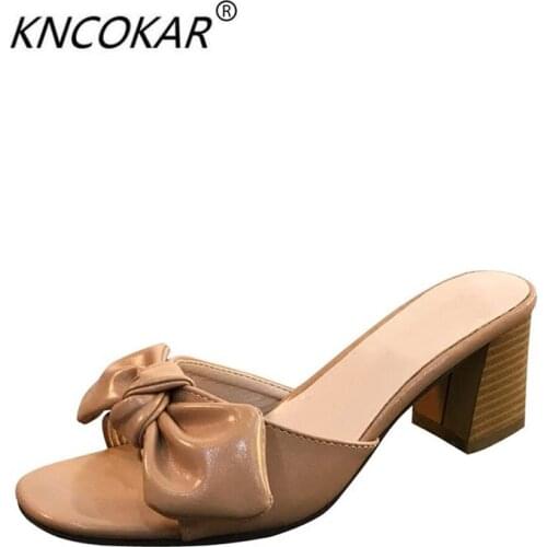 KNCOKAR Summer new style ladies fashion pure color bowknot outside wear comfortable thick high heel cool slippers