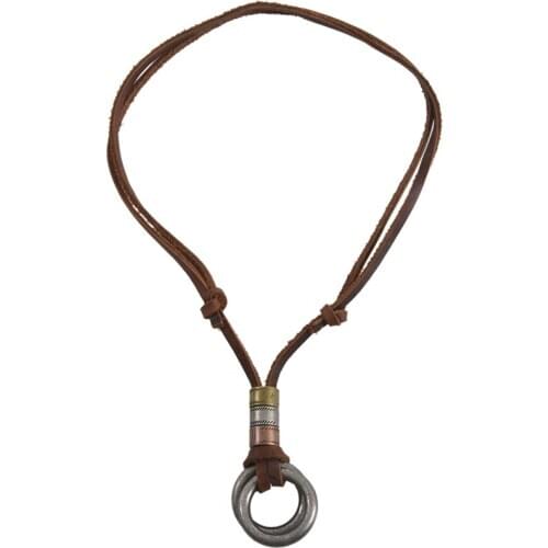 Fashion Men Retro Leather Cord Necklace Double Circle Ring Pendant Jewelry Gift