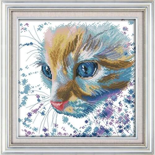 Blue Eyes Watercolor Cat Cross Stitch Kit DMC 11ct 14ct Needlework Embroidery Set DIY Handmade Fabric Cat Pattern Cross Stitch