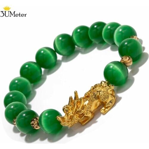 New Pixiu Bracelet Green Natural Cat Eye Bead Bracelet Feng Shui Gold Plated Pi Xiu Bracelets Attract Wealth And Good Luck Gift