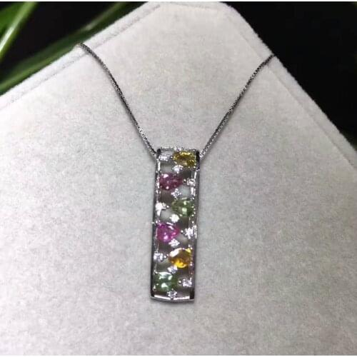 Natural multicolor tourmaline Pendant natural gemstone pendant necklace 925 silver Fashion rectangle Long row girl gift jewelery
