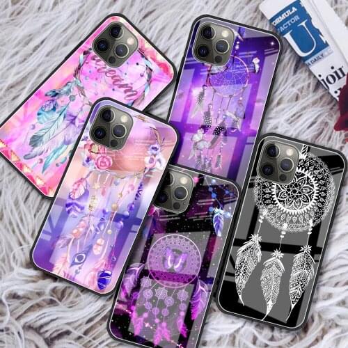 Glass Case for iPhone 11 7 12 Pro 7 8 XR X 6 6S Plus 5 XS Max SE Tempered Funda Smartphone Cover Dream Catcher Watercolor