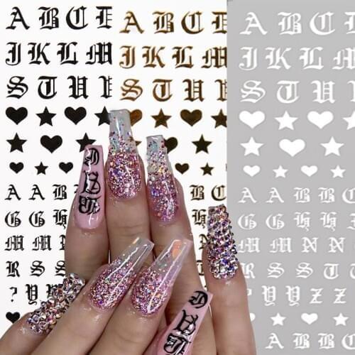 3D Nail Art Stickers Letter Laser White Black Gold Nail Stickers Nails Alphabet Self Adhesive Nail Decals Nail Art Decorations