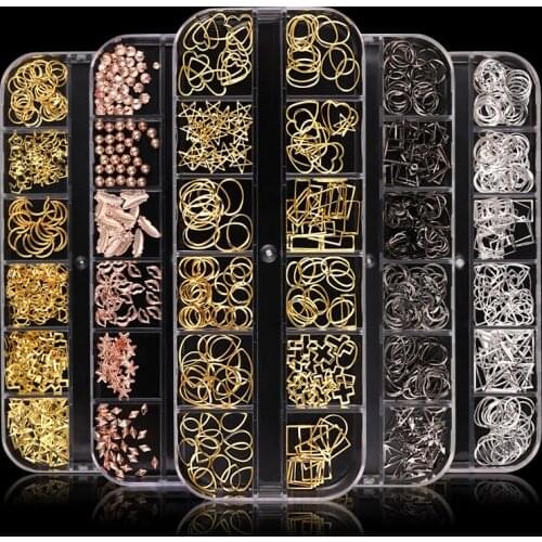1 Box Nail Studs Rivet Geometric Image Gold Silver Rose Nail Art Rhinestones Gold Color Mixed Size 3D Nail Art Decoration