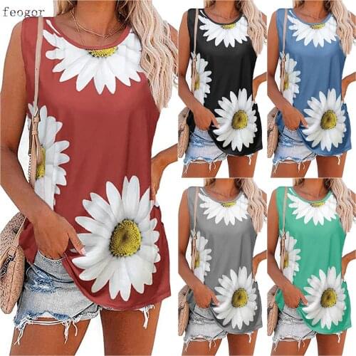 FEOGOR 2021 Summer Casual Womens Chrysanthemum Sleeveless Round Neck Top Printed Tank Top Oversized T-shirt Casual T-shirt