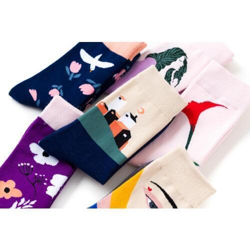 Womens Socks Art Personality Special Flowers Birds 85% Cotton Creative High Quality Cool Adult Casual Crew Socks