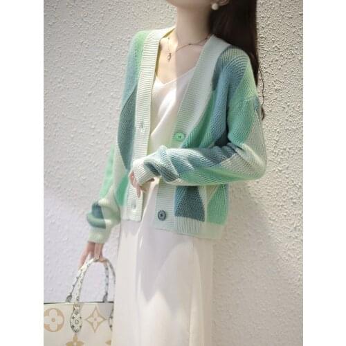 Geometric Cardigan Women 2021 Autumn Fall Long Sleeve Single Breasted Color Block Knit Cardigan Elegant Fashion Knitwear Jumper