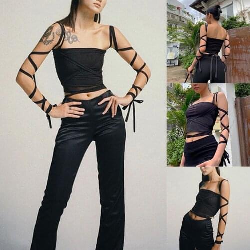 Summer Wild Sexy Bandage Camisole Solid Color Strappy Sleeves See Through Slim Backless Ladies Girls Cropped Sling Tops