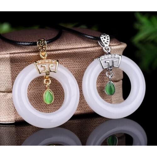Women Donuts Necklace Pendant White Afghanistan Jade Safety Button Pendant Free Chain Rope Gift for Female Fine Jade Jewelry