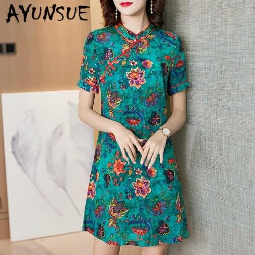 Real Silk Dress for Women Print Floral Summer Dresses Fashion Mini Dress Elegant Vintage Party Dress Vestido Mujer P9373 YY2524