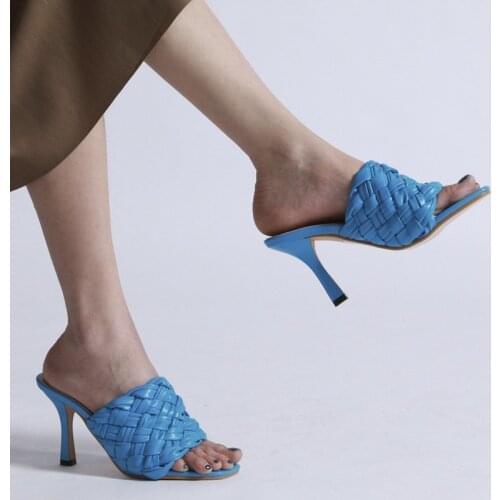 2021 New Women Summer Slides Fashion Brand Weave Open Toe High Heels Party Slides Shoes High Quality Slipper Outdoor Sansal Shoe