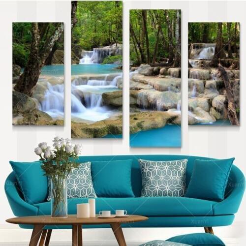 4 Panel Waterfall Canvas Painting Nature Landscape Wall Art Poster And Prints Wall Picture Home Decor For Bed Room Unframed