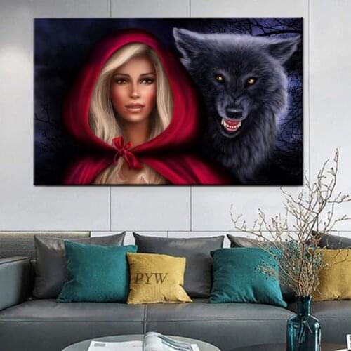 DIY Diamond Painting Cross stitch Animal Wolf and woman 5D Square/ Round Diamond Decoration Customizable Wall Art Decoration