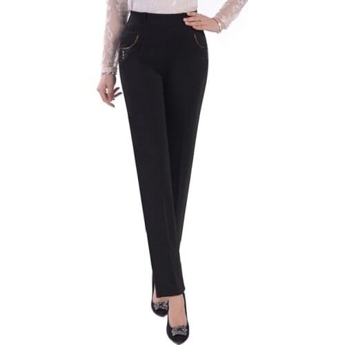 New 2021 High Waist Spring Autumn Trousers Womens Pants Straight Casual Pants Elastic Waist Slim Solid Female Plus Size 27-37