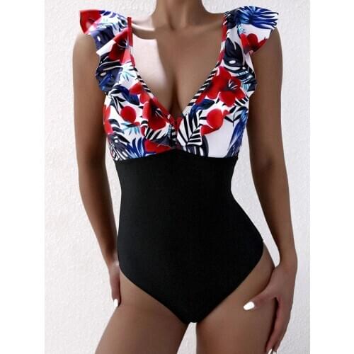 One Piece Tropical Floral Print Bikini Women Sexy Swimsuit Deep V Bathing Suit Female Monokini Summer Beach Biquini 2021