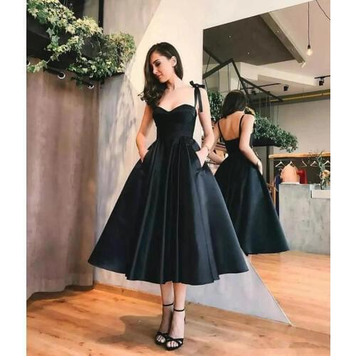 Verngo Satin Elegant Prom Dresses Tea Length Simple Evening dresses Vintage Black Dress Prom Vestidos De Fiesta De Noche