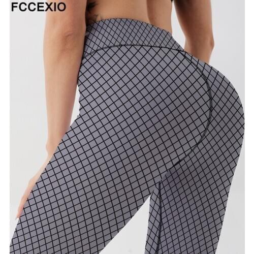 FCCEXIO Seamless Fitness Women Leggings Patchwork Grey Plaid Print High Waist Elastic Push Up Ankle Length Polyester Leggings