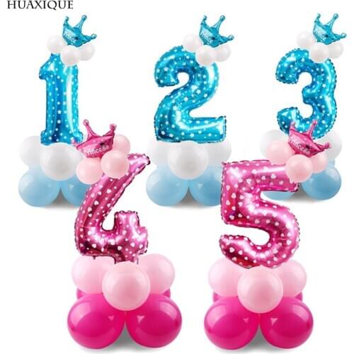 1set 32inch Number Foil Balloon Set Baby Shower Kids Birthday Party Decor Baby Girl Princess 1st Birthday Latex Air Ballons