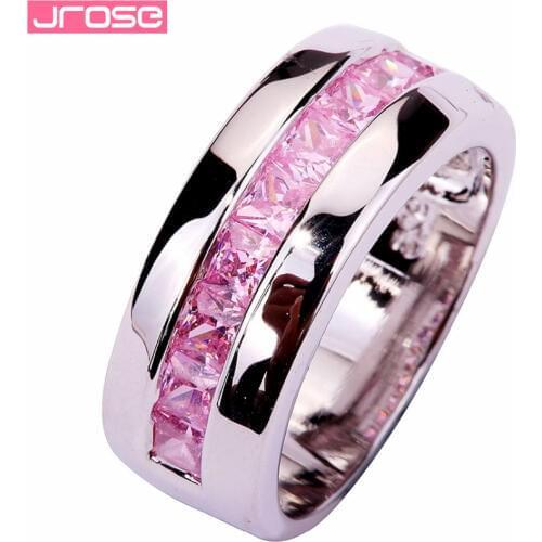JROSE Wedding Bridal Fashion Wholesale Jewelry Pink Corundum CZ Silver Ring Size 7 8 9 10 For Lady Engagement Jewelry Beauty