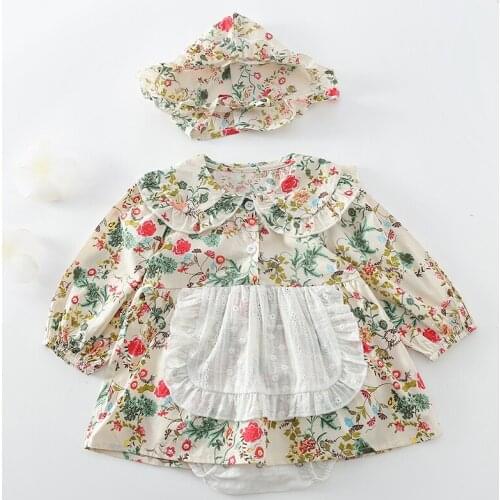 Korean Style Infant Baby Girls Cotton Long Sleeve Jumpsuit Toddler Baby Girl Flower Dress Romper+Hat Autumn Baby Girls Clothes