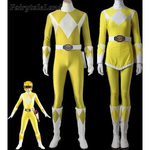 Yellow Rangers Costume Halloween Team Tyranno Rangers Uniform Fancy Superhero Spandex Jumpsuit Boots