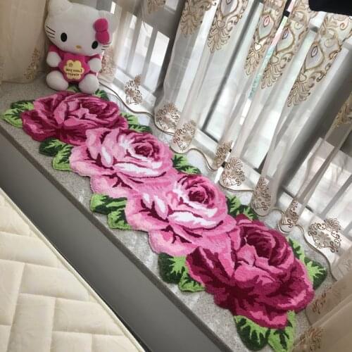 Boutique Handmade Pink/Red Rose Embroidery Long Strip Carpets Wedding Room Decor Soft Rug/carpet Kitchen Restaurant Antiskid Mat