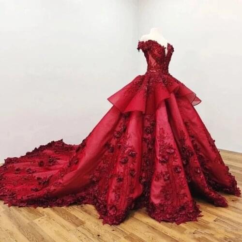 Sweet 16 Dark Red Quinceanera Dresses Off The Shoulder 3D Floral Applique Girls Ball Gown Pageant Gowns Formal prom Dress