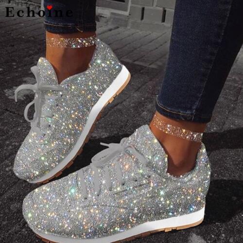 Fashion Casual Shoes Women Sequins Candy Color Silver Flat Platform Leisure Lace Up Mesh Low-Cut Breathable Neutral Sneakers