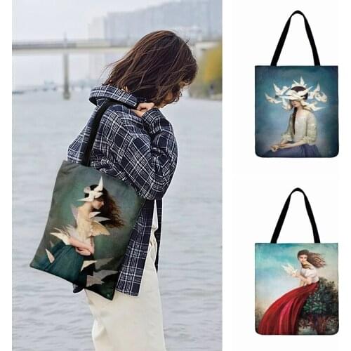 Fashion Shopping Bag Swan Castle Fairy Tale Painting Print Tote Bag For Women Casual Totes Ladies Shoulder Bag Outdoor Beach Bag
