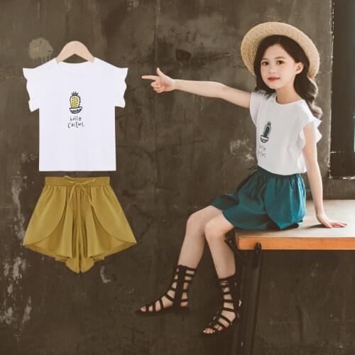 Fashion Girls Summer T Shirt Dress Suit Sets Childrens Cactus Culottes Two-piece Suit for Girl Clothes Outfits 2021 4-8 Years