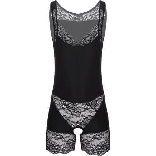 Men Lace Patchwork Crotchless Bodysuit Sleeveless Leotard Sexy Jumpsuit Male Exotic Teddies for Lingerie Night Party Performance