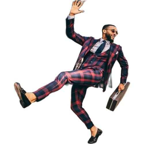 3 Pieces Plaid Men Suits Modern Designer Pattern Lining Custom Made Handsome Men Suits Cotton Formal Business Coat+Pant+Vest