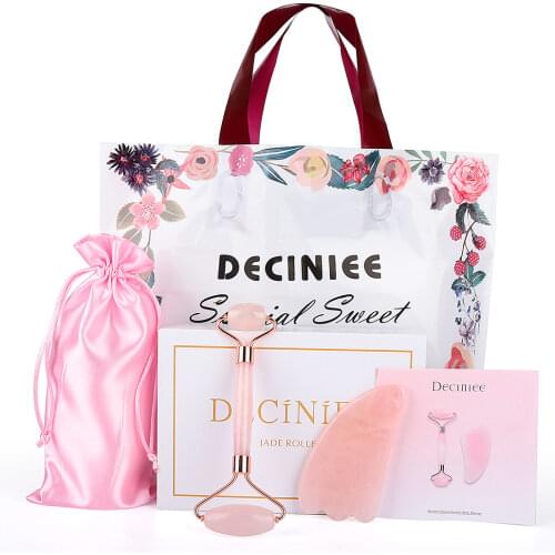 Deciniee Rose Quartz Jade Roller Gua Sha Set Slimming Face Massager Facial Lifting Roller Natural Jade Roller with Gift Bag Box