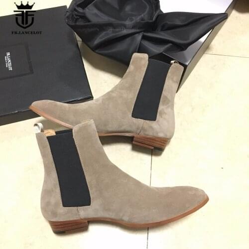 New Genuine Beige Suede Leather Tan Chelsea Boots Kanyest West Street Quality Slip-On Genuine Leather wedge Cowboy wyatt Boots