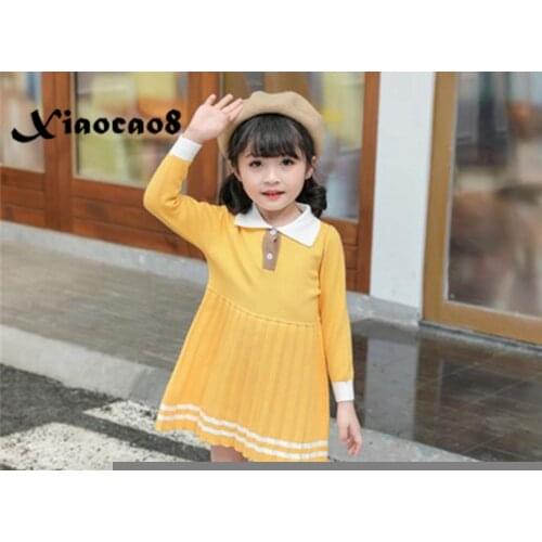 Yellow Knit Turn-down Collar Long Sleeve Dresses for Girls Autumn Winter Toddler Princess Dress Vestido Kids Clothes 3 4 5 6 8
