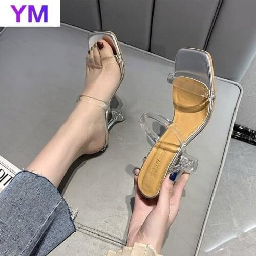 Summer Lucency New Designer Crystal Women Mules Shoes Fashion PVC Open Toe Slides Ladies Brand Thin Heel Mules Female Slippers