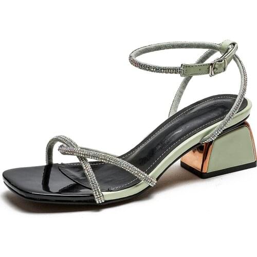 Korean Sequins Middle Heel Versatile Sandals Womens New Summer 2021 Fairy Style Shoes With Skirt Fashion Womens Sandals