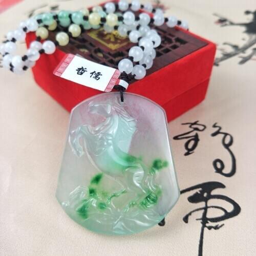 Zheru Jewelry Pure Natural Jadeite Ice Bottom Two-color Horse Pendant Three-color Jadeite Jade Pendant Chain Send A-level certif
